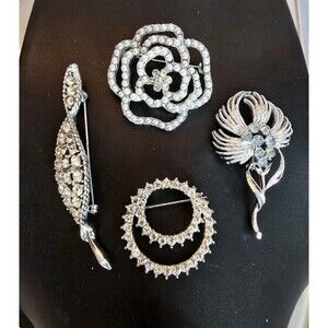 Vintage Brooch Lot Pearl Rose Rhinestone Circle Feather Floral Silver Tone #798